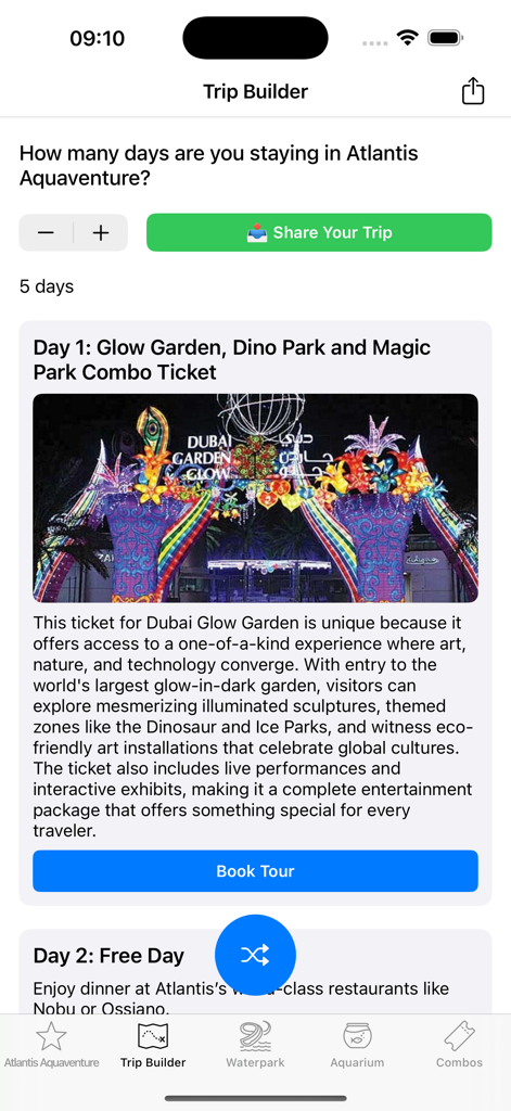 Schermata del costruttore di itinerari nell'app Atlantis Aquaventure che mostra un itinerario di cinque giorni con biglietti per il Glow Garden.