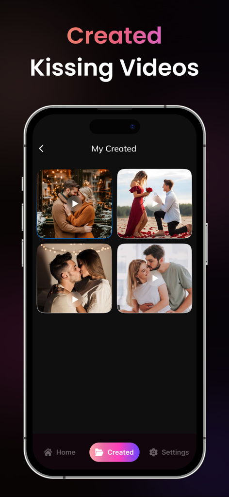 AI Kiss Video Maker - AI Hug - User interface showing a gallery of created AI kissing videos of romantic couples