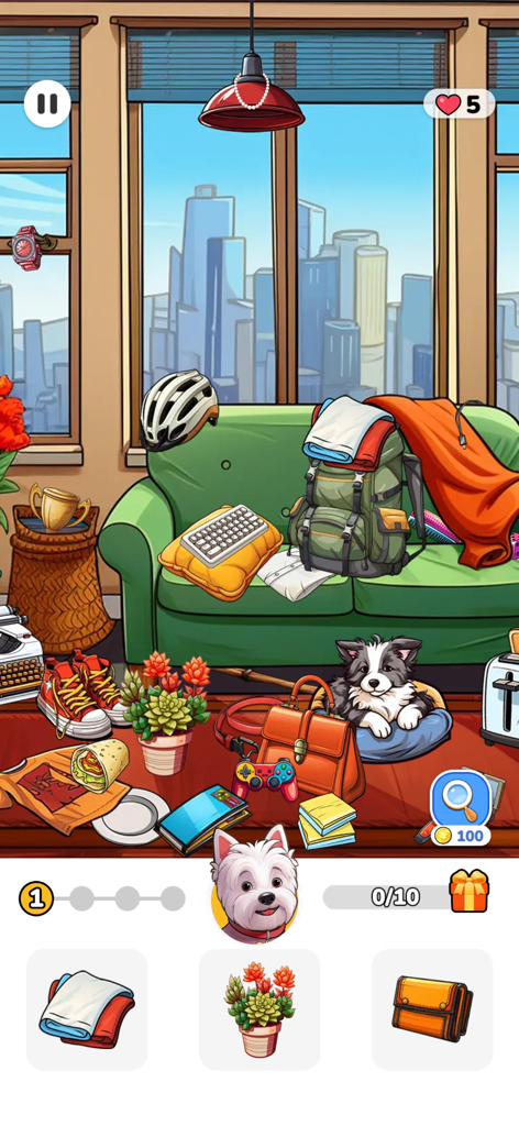 A cluttered living room scene in the Tidy Master hidden objects mobile game