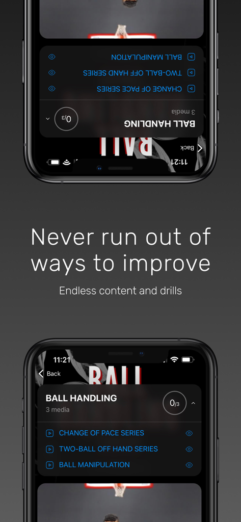 CoachIQ - Screenshot of the CoachIQ app showing a ball handling training series with a list of basketball drills for student athletes.