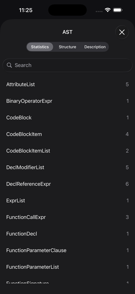 Swifty Compiler: Swift IDE - A mobile interface showing the Abstract Syntax Tree AST statistics in Swifty Compiler listing counts for various Swift code components