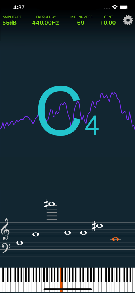 Pitch Analyzer mobile app interface displaying real-time musical note detection frequency and piano keyboard position