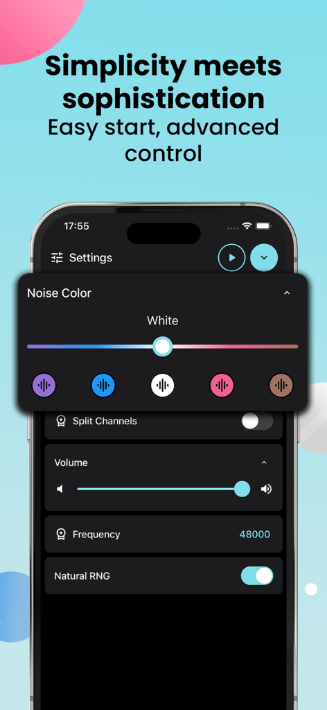 Noise: Green, Brown, White - Pantalla de configuración avanzada de la aplicación Ruido que muestra la selección de color de ruido y los controles de volumen.