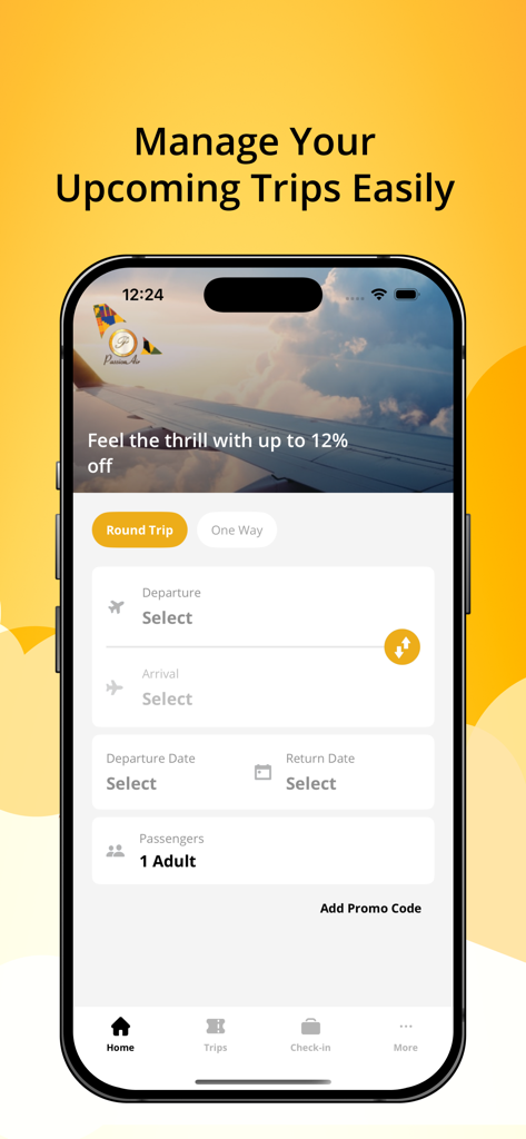 PassionAir - PassionAir mobile app interface for searching and booking domestic flights in Ghana