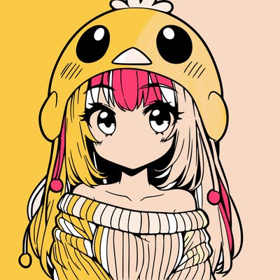 anime girl with chick shaped hat with sweater with bare shoulders with bangs covering them one eye with low tail