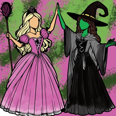 detailed realistic split of a princess and a witch