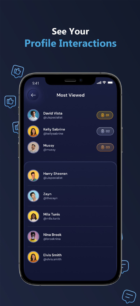 ProReports+ Unfollowers IG - ProReports app screen showing most viewed profile interactions on Instagram