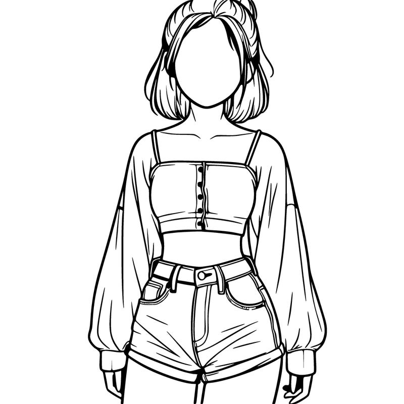 pretty realistic faceless girl with baggy crop top and jean shorts