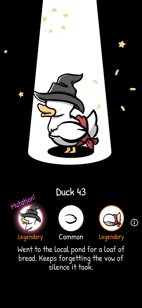 A white duck with a wizard hat and a red sash mutation in the Clusterduck mobile game.