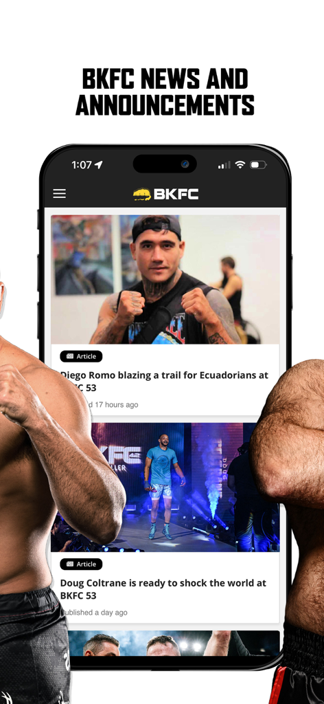 Bare Knuckle TV app interface displaying latest news and fighter announcements