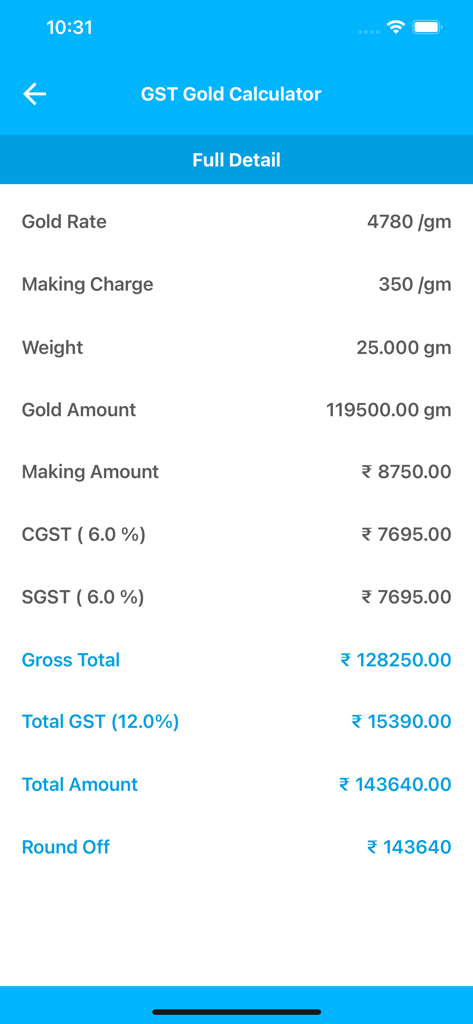 GSTと加工費を含めた金価格計算の詳細な内訳