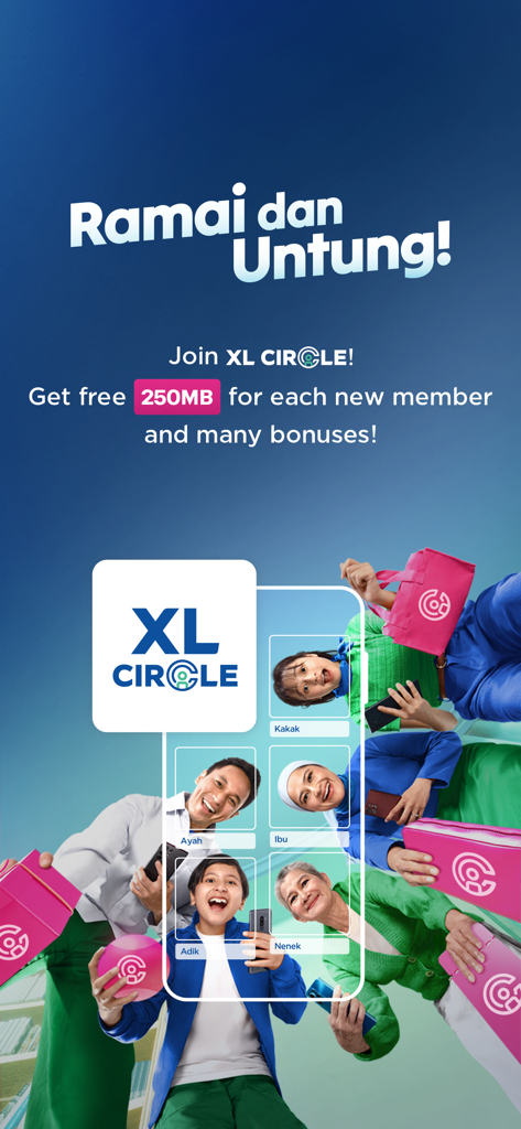 myXL–Cek Kuota & Beli Paket XL - Promotional banner for XL Circle in the myXL app offering free data and bonuses for adding family members to a shared account.