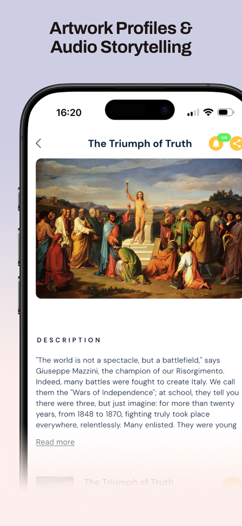 Artup - A smartphone screen showing the ArtUP app displaying a detailed artwork profile with description and audio storytelling features.