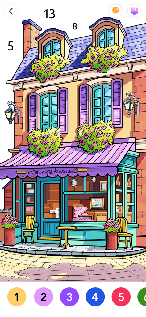 A digital color by number illustration of a quaint shop with flower boxes and purple awnings in the Paint.ly app
