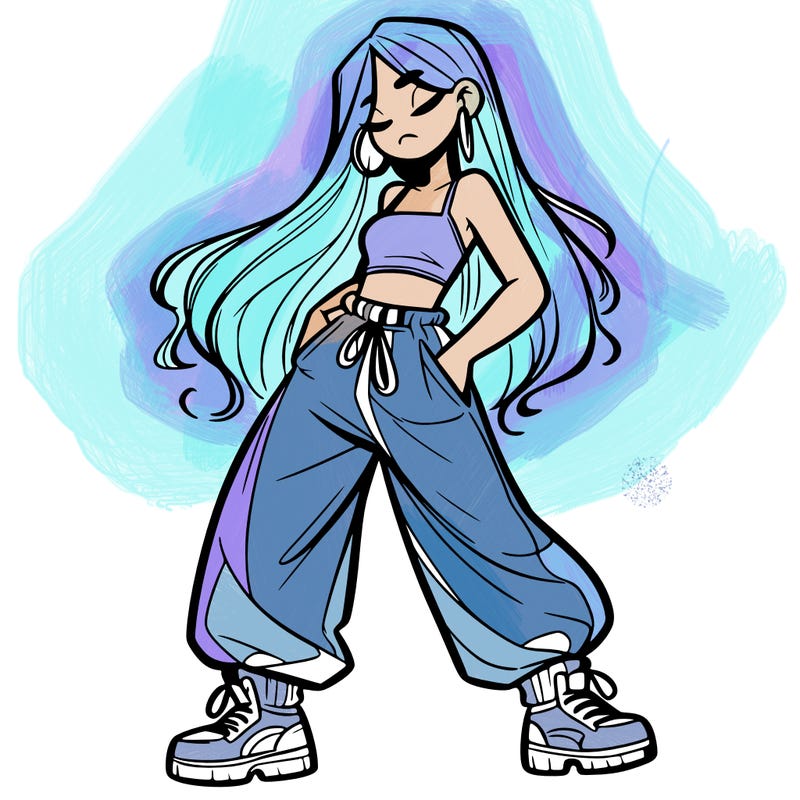 girl in baggy pants crop top and long hair