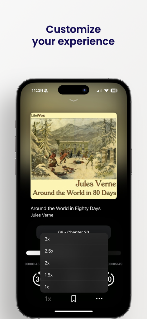 Booken app interface on iPhone displaying playback speed selection for an audiobook