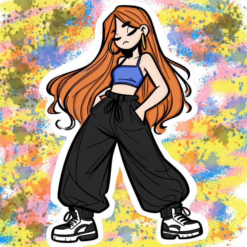 girl in baggy pants crop top and long hair