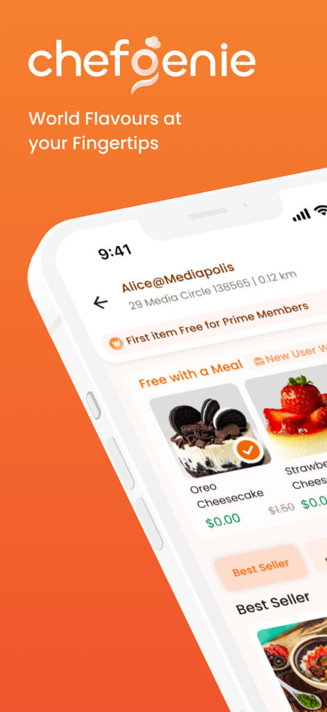 ChefGenie (formerly InstaChef) - ChefGenie app interface displaying a food menu with free cheesecake offers and promotional banners