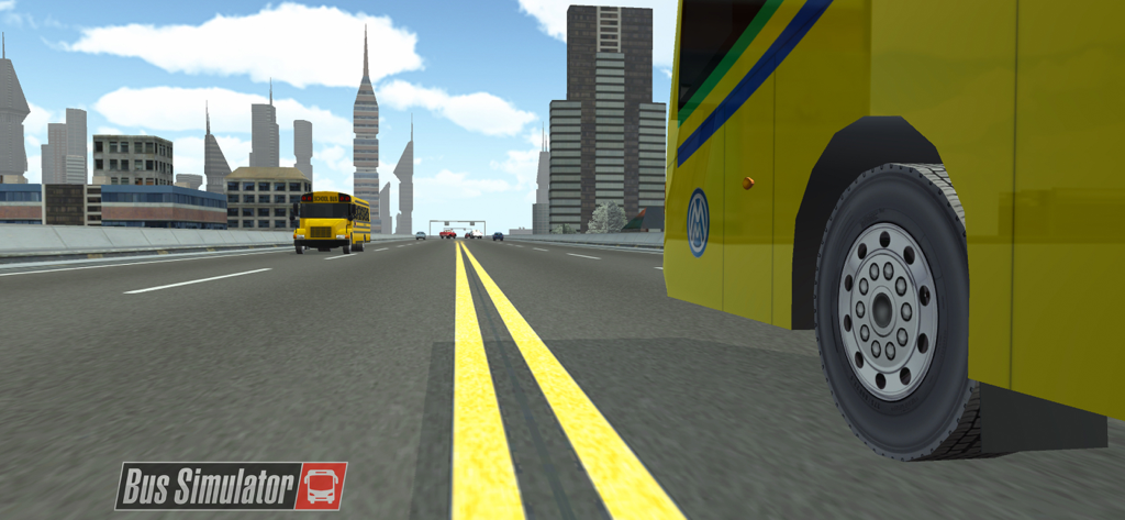 BUSTOP Bus Simulator 2026 - Gameplay of BUSTOP Bus Simulator 2026 showing a yellow bus wheel and a school bus on a city highway