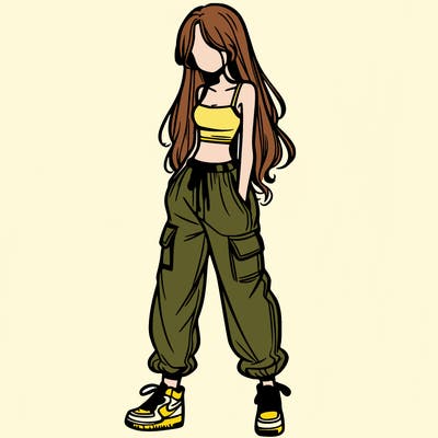 girl in baggy pants crop top and long hair
