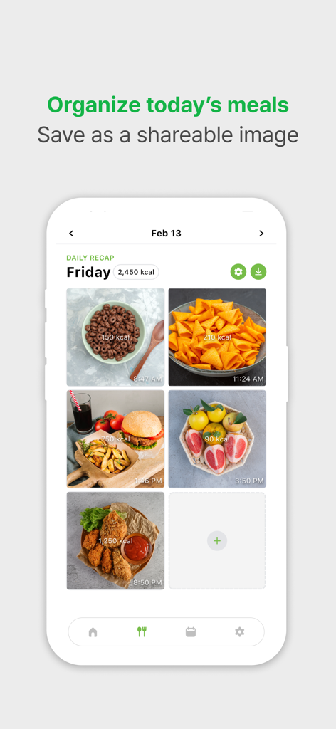 Eat Slowly - Pantalla de resumen de comida diaria mostrando fotos de alimentos con recuento de calorías y marcas de tiempo en la aplicación Come Despacio