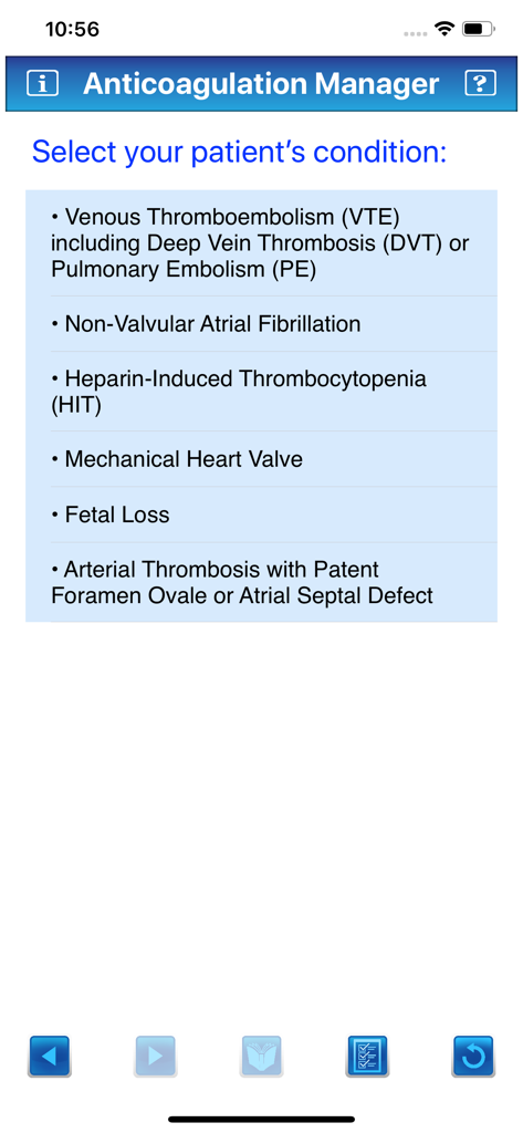 Anticoagulation Manager - Screen of the Anticoagulation Manager app showing a menu to select patient medical conditions such as VTE or Atrial Fibrillation.