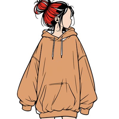 realistic girl with a oversized sweatshirt on and a bun