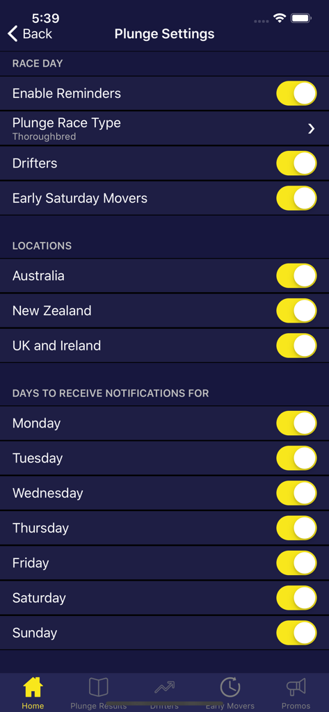 Plunge: Horse Racing - 알림 및 위치 옵션을 보여주는 플런지 경마 앱의 설정 화면