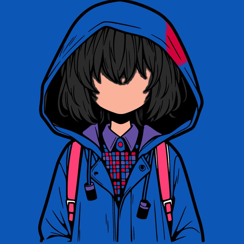 little anime girl in a raincoat her hair is covering her eyes she has a lighter