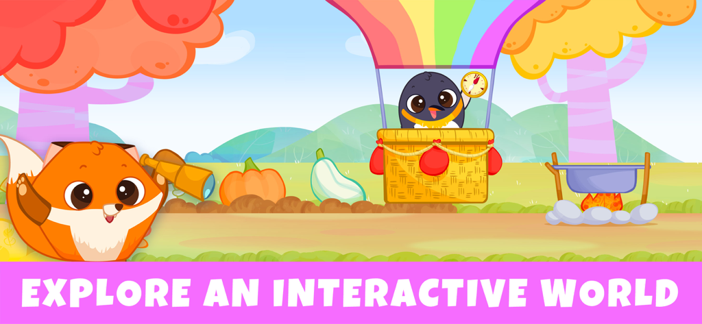 Bibi World: Games for Kids 3-6 - Personajes de zorros y pingüinos de dibujos animados coloridos explorando un entorno exterior interactivo para niños.