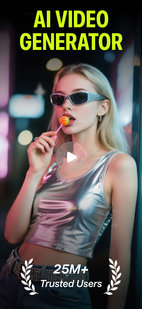 Lumiere - AI Video Generator - App interface for Lumiere AI Video Generator featuring a stylish woman and twenty-five million plus trusted users badge.