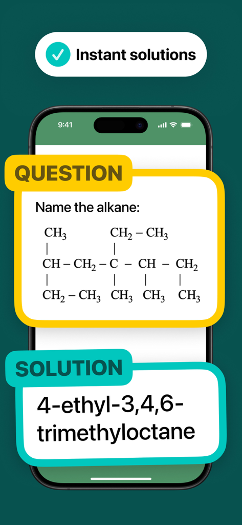 Chem AI - Chemistry Solver - Interface de l'application Chem AI résolvant un problème de nomenclature d'alcane en chimie organique