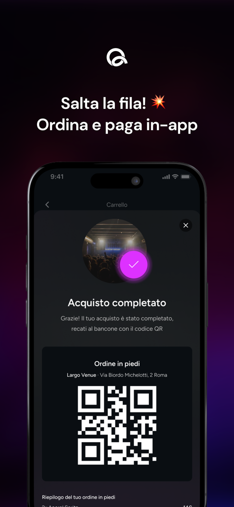 Schermata di conferma ordine dell'app Queue con un codice QR per saltare le file in un locale.