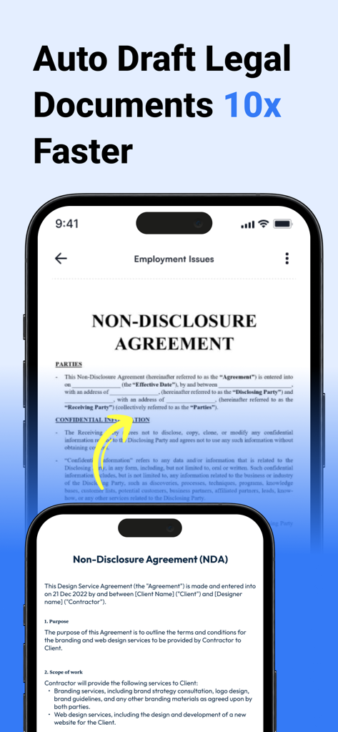 AI Lawyer - AI Legal Assistant - Aplicación Abogado IA mostrando la redacción automática de un Acuerdo de Confidencialidad en un iPhone