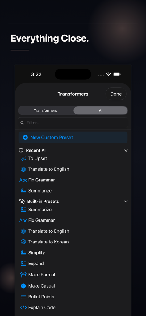 Screenshot of TextNova app showing built-in AI text transformation tools and presets