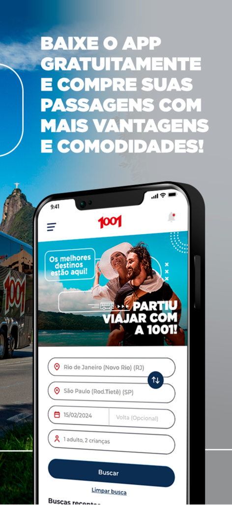 Autoviação-1001 - Interface do aplicativo Autoviacao 1001 para reservar passagens de ônibus, mostrando campos de origem e destino