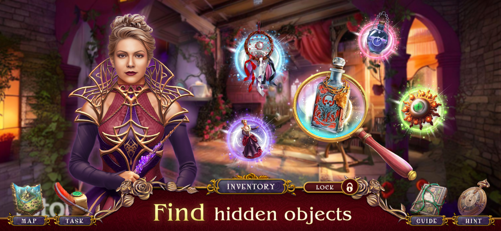 Cursed Fables 4: Find Objects - Una mujer con un vestido de fantasía morado de pie junto a artefactos mágicos flotantes con una lupa resaltando un frasco de poción