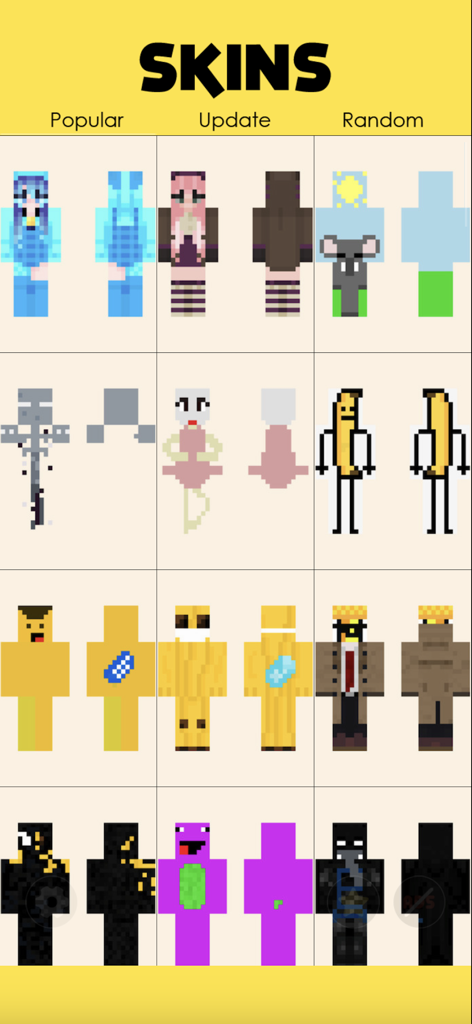 Brainrot Skins For Minecraft - Une grille de skins de personnages Minecraft populaires et aléatoires montrant les vues avant et arrière.