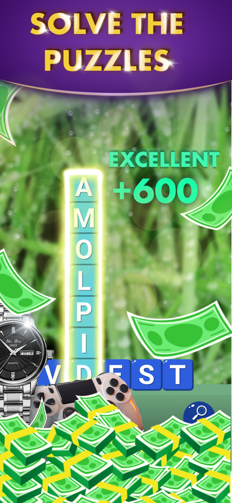 Word Block: Win Real Prize - Word block puzzle game interface showing cash prizes and a high score