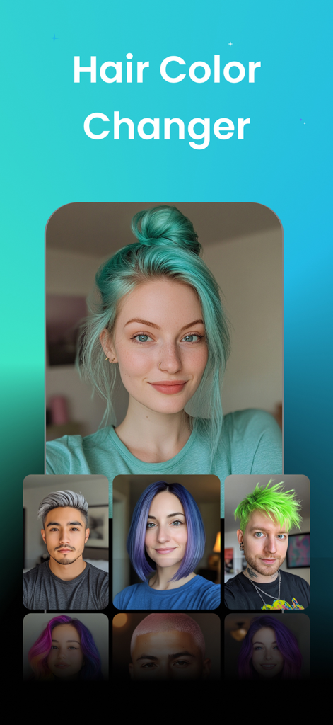 Hairstyle Try On: Hair cut - Un'interfaccia di un'app mobile intitolata Hair Color Changer che mostra diversi modelli con diversi colori di capelli vivaci come verde acqua e viola