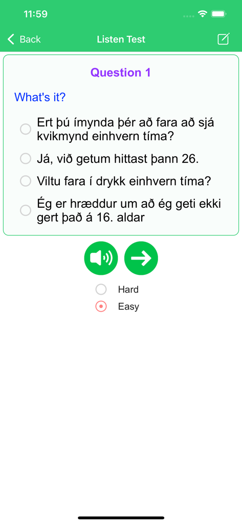 Una captura de pantalla de la aplicación Learn Icelandic Premium que muestra un cuestionario de prueba de escucha con frases islandesas de opción múltiple y controles de reproducción de audio