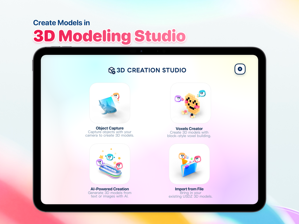 Wonderland: Build Your World - Wonderland iPad app 3D Creation Studio menu showing options for Object Capture, Voxels Creator, AI-Powered Creation, and Import from File.