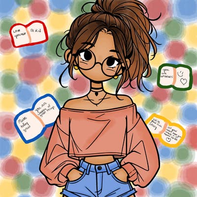 girl with a messy ponytail glasses a baggy crop top and jean shorts