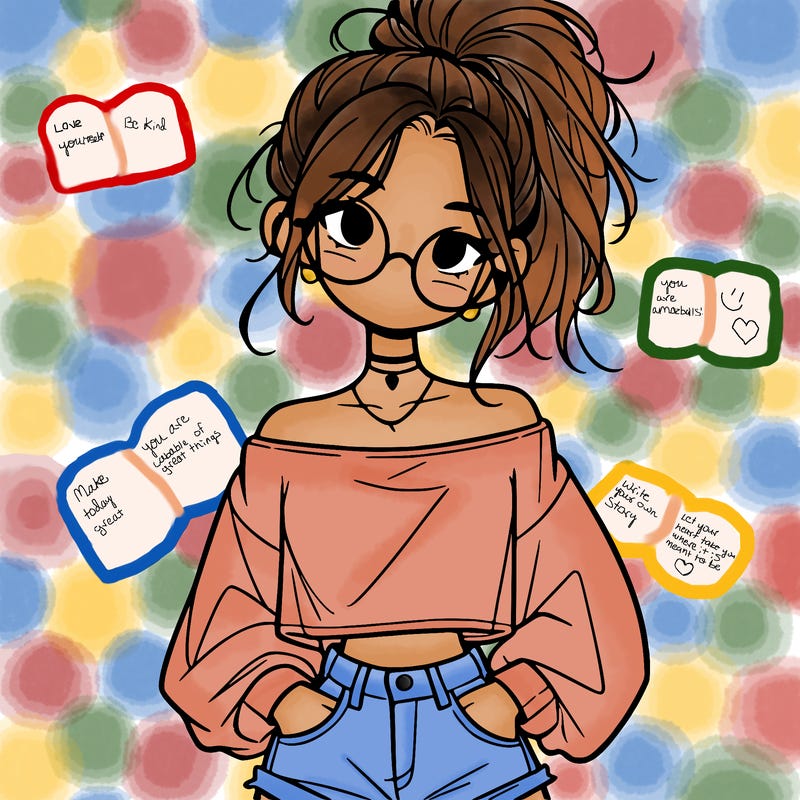 girl with a messy ponytail glasses a baggy crop top and jean shorts