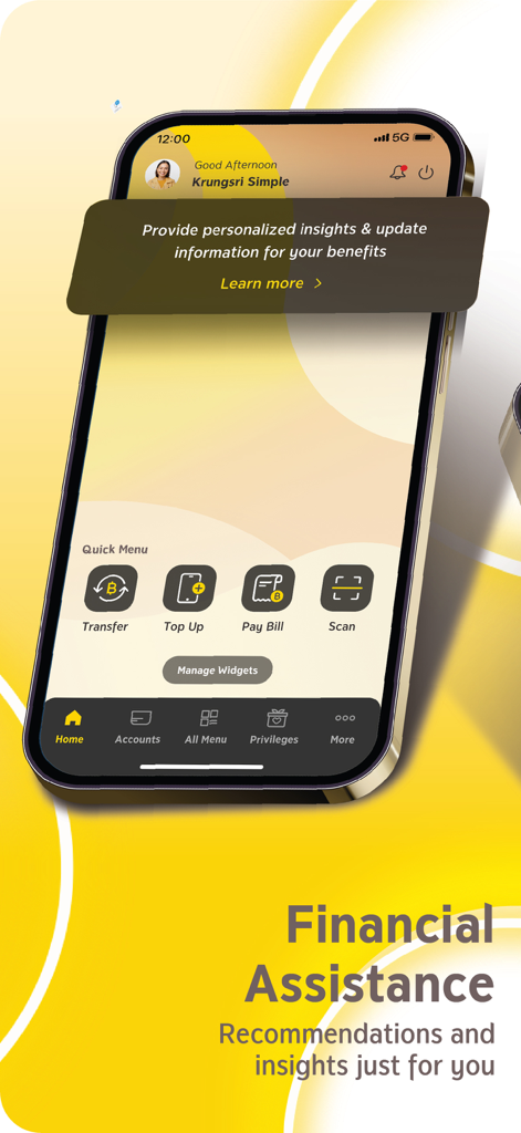 krungsri - Krungsri KMA mobile banking app home screen featuring financial assistance insights and a quick menu with transfer and payment options