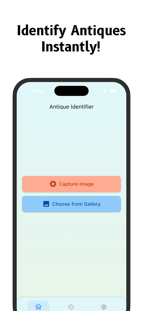 Antique Identifier - Antiqio - Home screen of the Antiqio app showing buttons to capture an image or choose from gallery to identify antiques