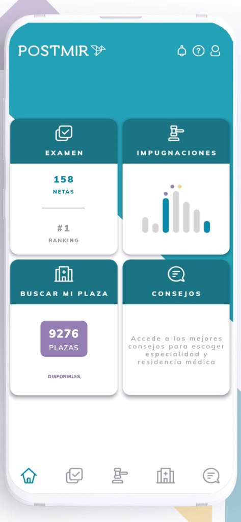 PostMIR - Mobile app dashboard for PostMIR showing exam scores and residency search options
