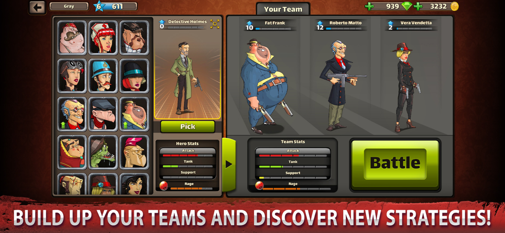 Mafioso: mafia duel TBS RPG - Character selection screen for Mafioso showing mobster team and tactical stats.