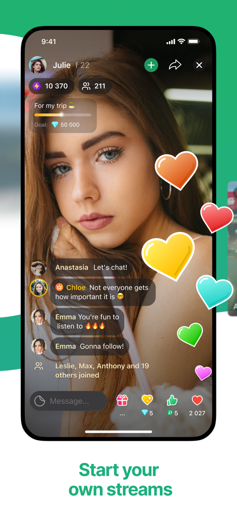 Frim: meet new people - Interface of the Frim app featuring a live stream with interactive chat and heart reactions.