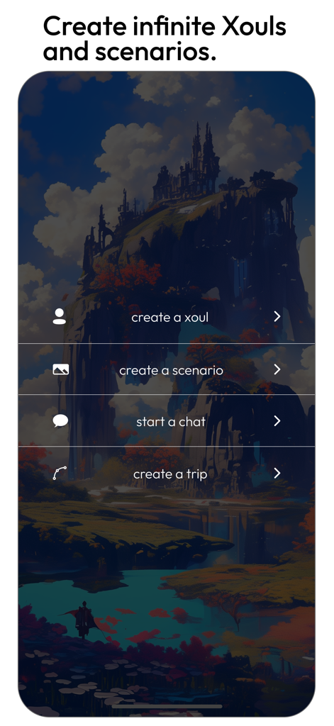 Captura de pantalla de la aplicación Xoul AI que muestra un menú de creación de personajes y escenarios sobre un fondo de castillo de fantasía